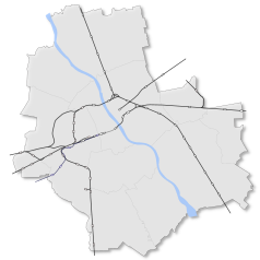 Mapa konturowa Warszawy, w centrum znajduje się punkt z opisem „Warszawa Wschodnia”