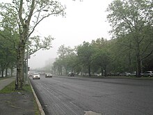 The main roadway as seen in 2011. The pavement has been removed, and vehicles are driving on the plain roadbed. On either side are trees.