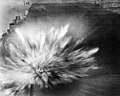 A Japanese bomb explodes on the flight deck of USS Enterprise, 24 August 1942. This was the third, and last, bomb to hit Enterprise during the attack and didn't cause major damage since it wasn't an armor-piercing bomb.