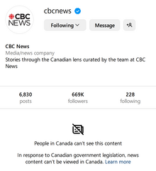 A screenshot of the Instagram page for CBC News. In place of its posts, a notice reads, "People in Canada can’t see this content In response to Canadian government legislation, news content can’t be viewed in Canada" followed by a blue "Learn more" link