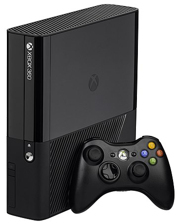 An Xbox 360 E. The style of this console is very close to it's successor the Xbox One.