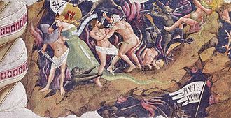 A small section of a badly damaged fresco showing people who are doomed to Hell. While horrible demons are clutching at them, the humans are intent on pursuing their evil ways of murder and seduction, seeming ignorant of their precarious state on the edge of a pit.