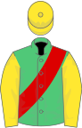 Emerald Green, Red sash, Yellow sleeves and cap