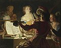 Gerard van Honthorst, Merry Company, 1623, with the chiaroscuro composition often used by the Utrecht Caravaggists.