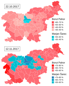 Presidential election in Slowenia (results for Borut Pahor and Marjan Šarec, 12 Nov 2017)