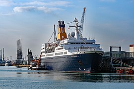 Saga Pearl II at Southampton with yellow funnel