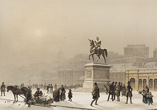 Karl XIV Johans staty. Färglitografi av Carl Johan Billmark, omkring 1860.