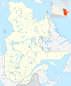 Mapa konturowa Quebecu, blisko dolnej krawiędzi nieco na lewo znajduje się punkt z opisem „Muzeum Sztuk Pięknych w Montrealu”