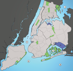 1: Hudson River, 2: East River, 3: Long Island Sound, 4: Newark Bay, 5: Upper New York Bay, 6: Lower New York Bay, 7: Jamaica Bay, 8: Atlantik