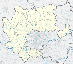 Mapa konturowa powiatu krakowskiego, w centrum znajduje się punkt z opisem „Modlnica”