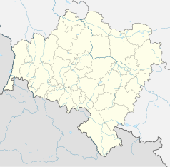 Mapa konturowa województwa dolnośląskiego, u góry znajduje się punkt z opisem „Lubin”