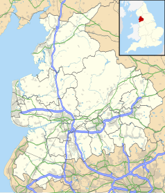 Mapa konturowa Lancashire, na dole nieco na prawo znajduje się punkt z opisem „Hoddlesden”