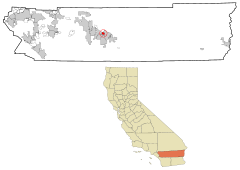 Lage von Bermuda Dunes im Riverside County (oben) und in Kalifornien (unten)