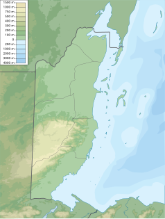 Mapa konturowa Belize, blisko centrum na prawo u góry znajduje się punkt z opisem „Caye Caulker”