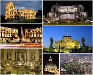 Un colaj cu imagini din Roma: imaginea din partea stânga de sus este Colosseum, urmat (de la stânga la dreapta) Monumentul Vittorio Emanuele II, Piazza della Repubblica, Castelul Sant'Angelo, Fontana di Trevi, cupola Bazilicii Sfântul Petru și, în final, o vedere aeriană a centrului istoric al orașului.