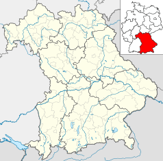 Mapa konturowa Bawarii, po prawej nieco na dole znajduje się punkt z opisem „Pfarrkirchen”