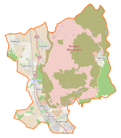 Mapa konturowa gminy Suchy Las, po lewej nieco na dole znajduje się punkt z opisem „Złotkowo”