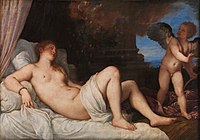 One of several variants by Titian, 1544. Cupid is alongside Danaë. 120 cm × 172 cm. National Museum of Capodimonte, Naples