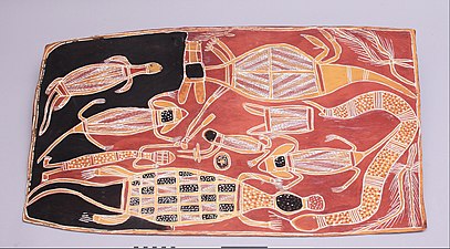 Aboriginal Australian painting with lizards and snake, 1900–1970