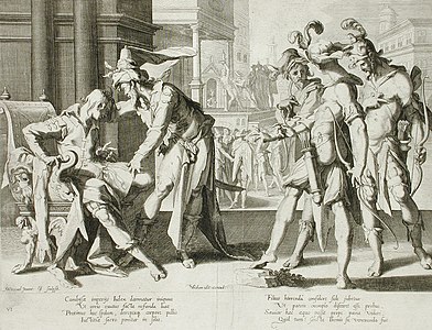 Cambyses commanding the flaying of judge Sisamnes, print engraved by Willem Isaacsz. van Swanenburg after design of Joachim Wtewael, 1607. Otanes is sitting down in the judge's chair draped in the skin of his father.[12]