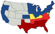 1861 Map of U.S. states and territories showing two phases of secession.