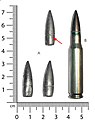 Proyèktil pluru (A) lan sawiining amunisi (B) 7,62 mm modhèren.