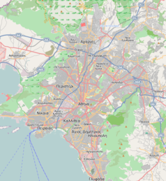 Mapa konturowa Aten, blisko centrum na dole znajduje się czarny trójkącik z opisem „Pnyks”