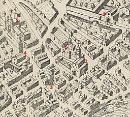 Santo Stefano in Rapignanu och dess omgivningar på Étienne Dupéracs vy över Rom från år 1577. 1) Santo Stefano in Rapignanu 2) San Crisogono 3) San Benedetto in Piscinula 4) Santa Cecilia 5) Santa Maria dell'Orto 6) San Callisto