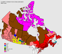 Mappa del Canada codificata con i colori per i risultati del censimento del 2006 per l'etnia prevalente in base alla suddivisione del censimento