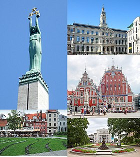 From top, left to right: the Freedom Monument, the Riga City Council building, the House of the Blackheads, Līvu Square, and the Latvian National Opera
