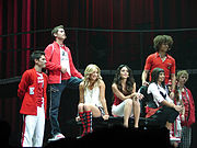 Hudgens with Ashley Tisdale, Lucas Grabeel, Corbin Bleu and Monique Coleman during High School Musical: The Concert tour (6 December 2006)