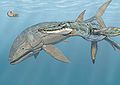 Isang higit sa 10 metrong habang Liopleurodon (kanan) na nanliligalig sa mas malaking Leedsichthys sa panahong Jurassic.