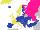 Europarådets medlemmer (Gul: Opprinnelige medlemmer; Blå: Senere tiltrådte medlemmer)