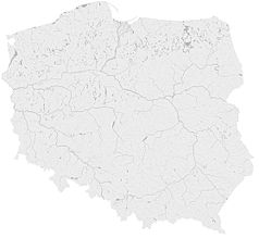 Mapa konturowa Polski, u góry nieco na lewo znajduje się owalna plamka nieco zaostrzona i wystająca na lewo w swoim dolnym rogu z opisem „Zapora”