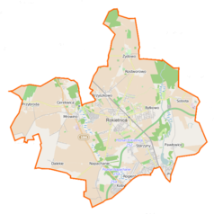 Mapa konturowa gminy Rokietnica, blisko centrum na lewo znajduje się punkt z opisem „Mrowino”