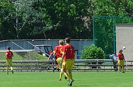 Spelers van Dukla Praag in actie