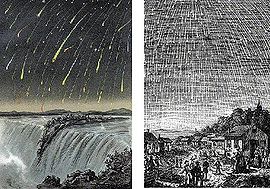 Rappresentazione artistica delle tempeste meteoriche dovute alle Leonidi del 1833 (a destra) e del 1866 (a sinistra).