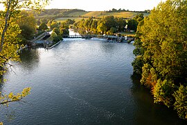 Aerial view of Mapledurham lock and weir