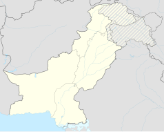 Mapa konturowa Pakistanu, blisko centrum na prawo u góry znajduje się punkt z opisem „Gujrat”