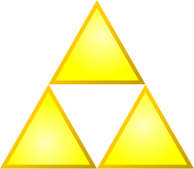 Image représentant la Triforce en forme d’un grand triangle composé de trois petits triangles dorés.