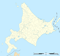 Mapa konturowa Hokkaido, blisko centrum na prawo znajduje się punkt z opisem „Ashoro”