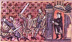 Vpravo stojí kněz zavírající či otevírající dveře kostela. Na muže vlevo od něj útočí tři muži s meči.