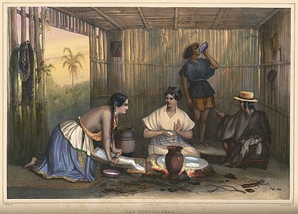 Las Tortilleras (The Tortilla Makers). Hand-colored lithograph, Mexico, early 19th century