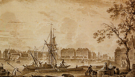 Dessin représentant l'ouest de l'île Feydeau et le quai de la Bourse.