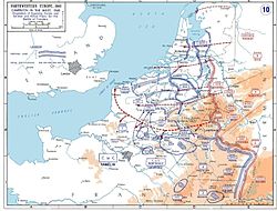 Kartskisse over utplassering av allierte og tyske styrker og planer for fremrykking under de innledende fasene av kampene i Belgia, Nederland, Luxembourg og Frankrike