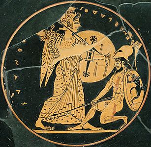 Attisk rødfigur kylix som viser Athene som dreper giganten Enkelados.