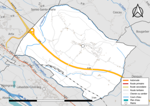 Carte en couleur présentant le réseau hydrographique de la commune