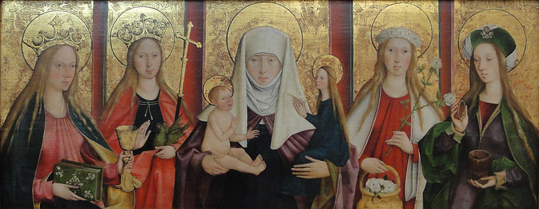 Anna själv tredje flankerad av de heliga Barbara, Margareta, Dorotea och Maria Magdalena.