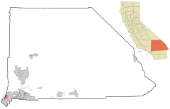 Lage von Montclair im San Bernardino County (links) und in Kalifornien (rechts)