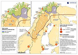 Lega Sápmi: črna črta, ki prikazuje južno mejo območij, ki so jih tradicionalno nadzorovali Samiji